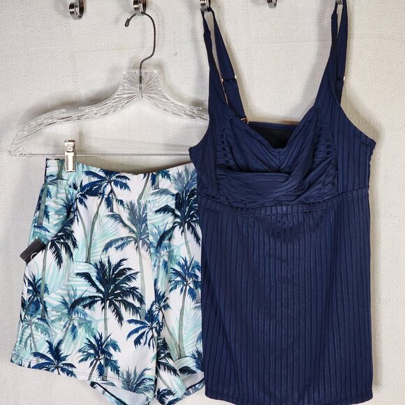 Rotita Navy Peacock Tropical Trees Print Surplice Poly Elastane Tankini Set Sz S - Picture 4 of 16